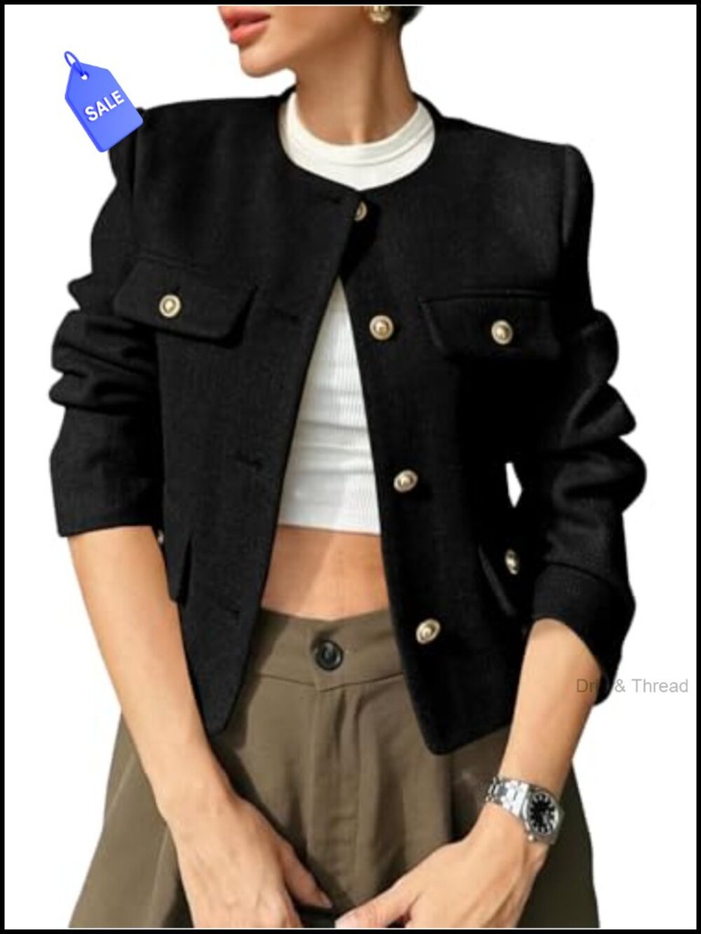 Cropped Tweed Blazer Jacket Collarless Button Down Business Casual